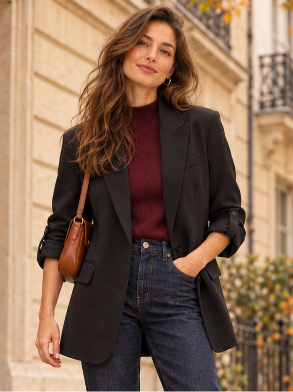 Maeve by Anthropologie Black Roll-Tab Sleeve Tailored Blazer | Size 10 US